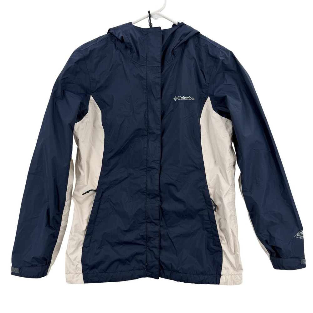 Columbia Jacket Womens Medium Navy Beige Omni-Tech Waterproof Packable Hooded